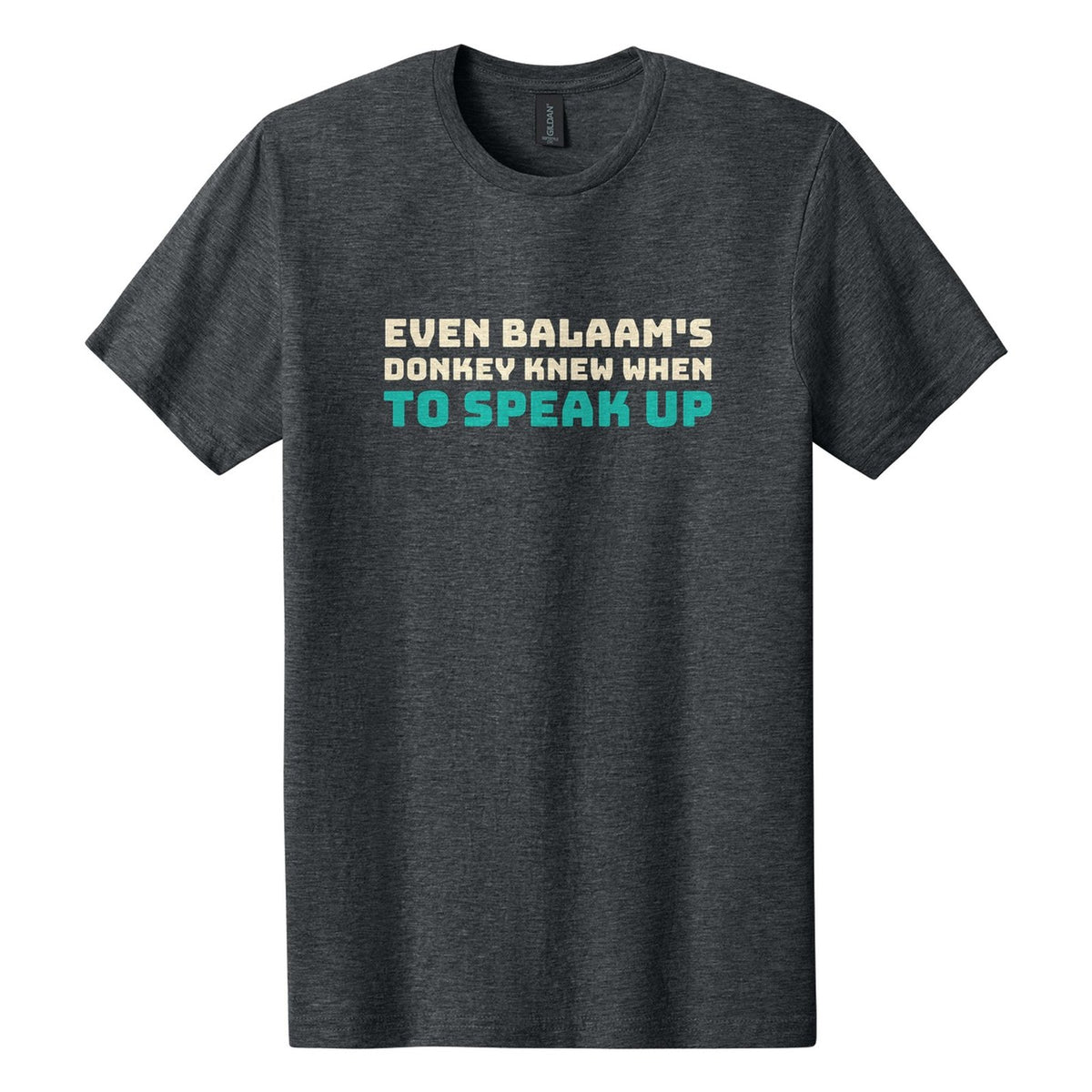 Even Balaam's Donkey Knew When to Speak Up tee in Dark Heather, Bungee font, Cream + Teal ink