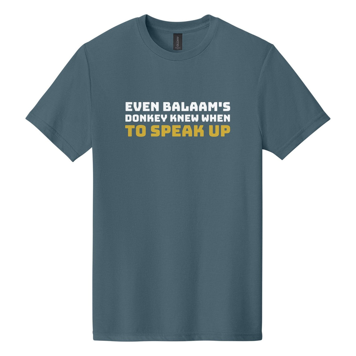 Even Balaam's Donkey Knew When to Speak Up tee in Steel Blue, Bungee font, White + Metallic Gold ink