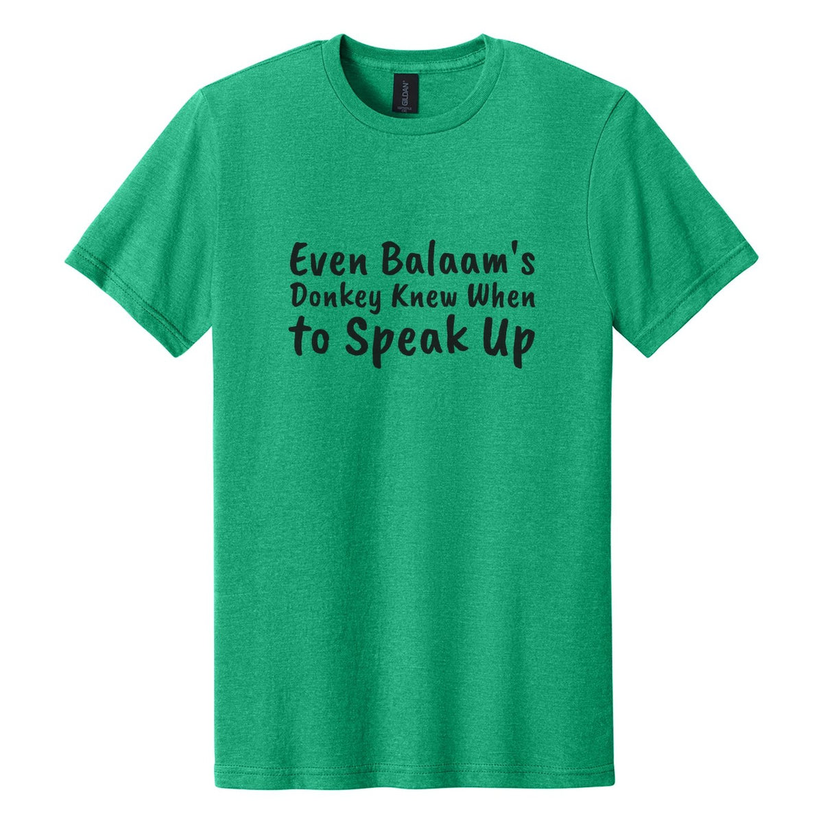 Even Balaam's Donkey Knew When to Speak Up tee in Kelly Mist, Caveat Brush font, Black ink