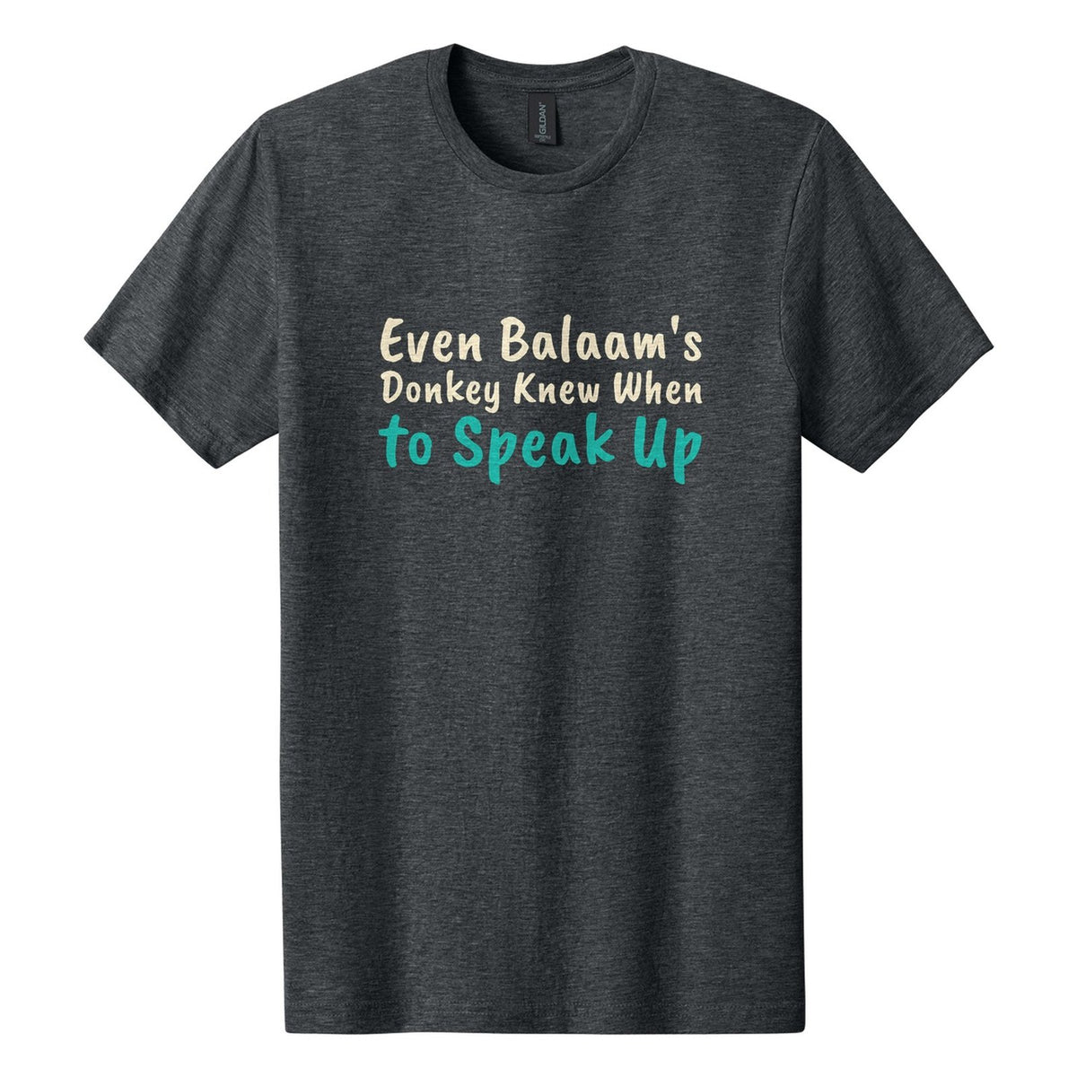 Even Balaam's Donkey Knew When to Speak Up tee in Dark Heather, Caveat Brush font, Cream + Teal ink