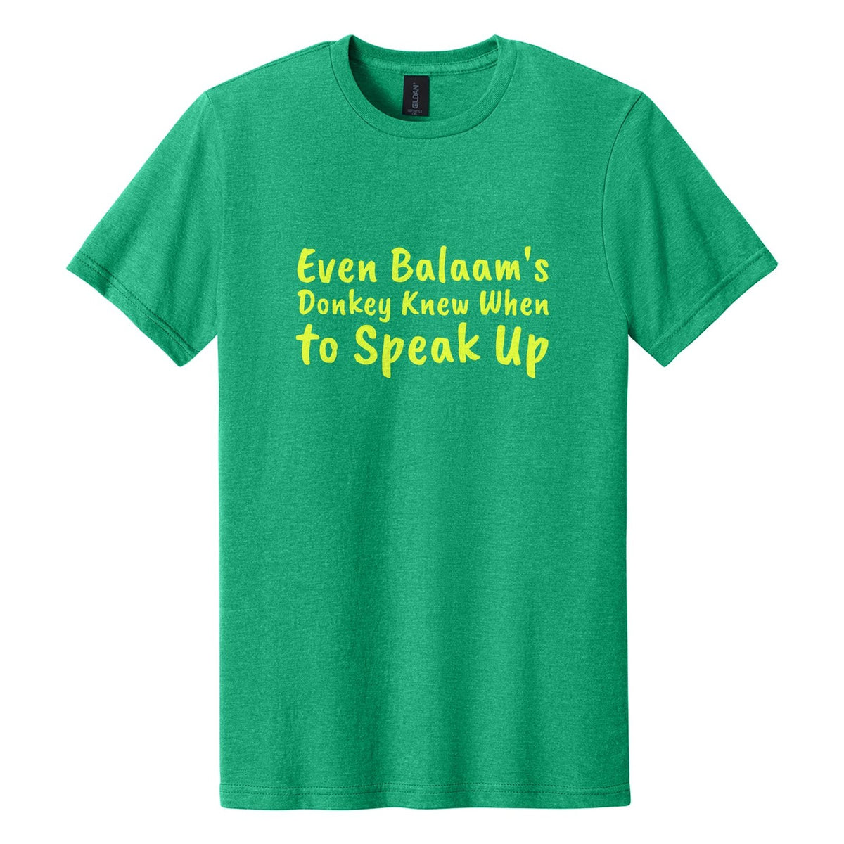 Even Balaam's Donkey Knew When to Speak Up tee in Kelly Mist, Caveat Brush font, Neon Yellow ink