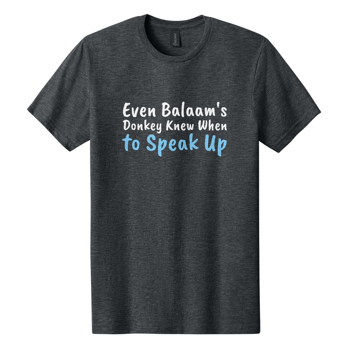 Even Balaam's Donkey Knew When to Speak Up tee in Dark Heather, Caveat Brush font, White + Sky Blue ink
