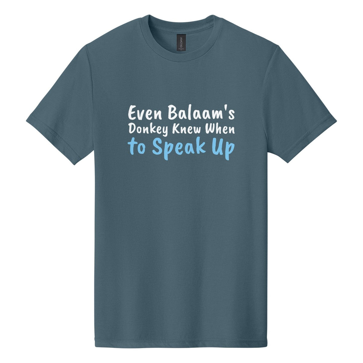 Even Balaam's Donkey Knew When to Speak Up tee in Steel Blue, Caveat Brush font, White + Sky Blue ink