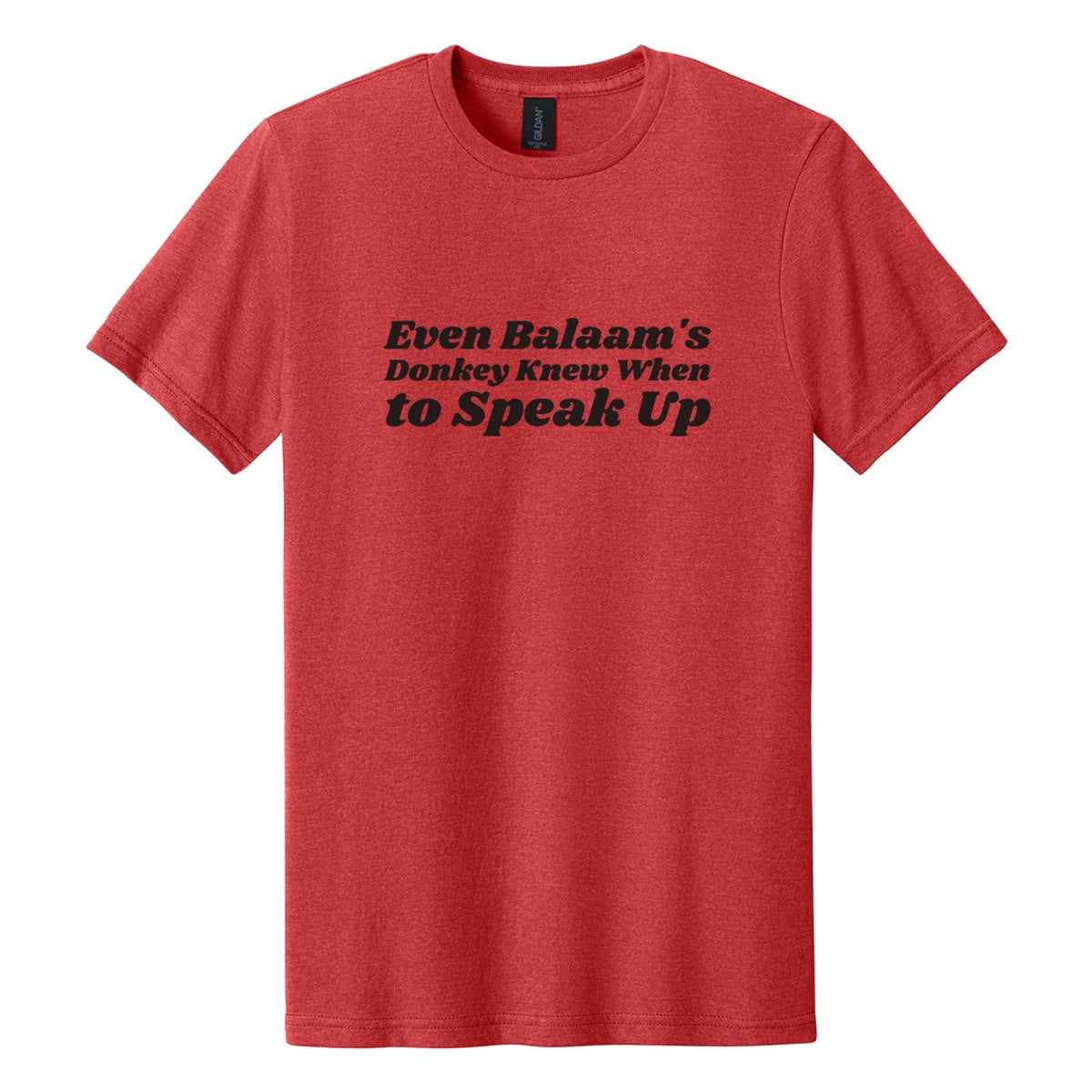 Even Balaam's Donkey Knew When to Speak Up tee in Red Mist, Shrikhand font, Black ink