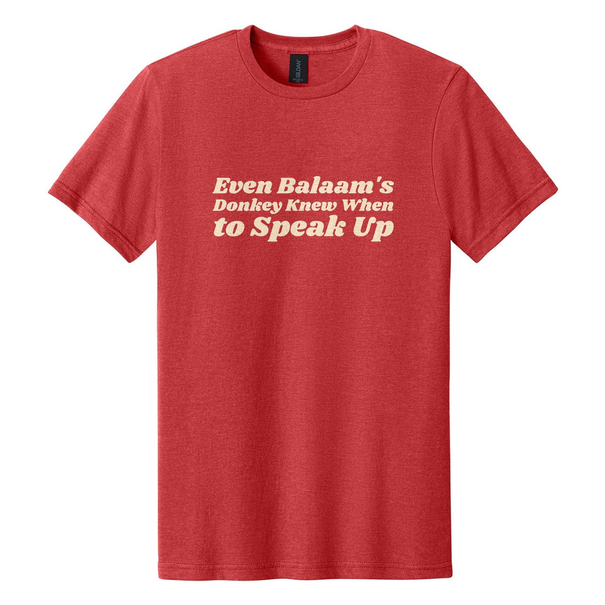 Even Balaam's Donkey Knew When to Speak Up tee in Red Mist, Shrikhand font, Cream ink