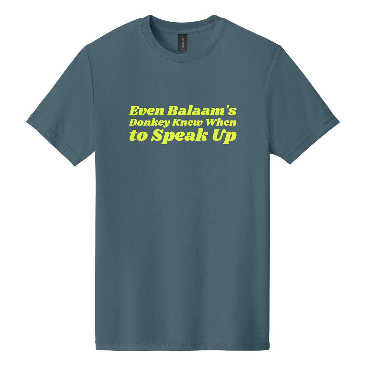 Even Balaam's Donkey Knew When to Speak Up tee in Steel Blue, Shrikhand font, Neon Yellow ink
