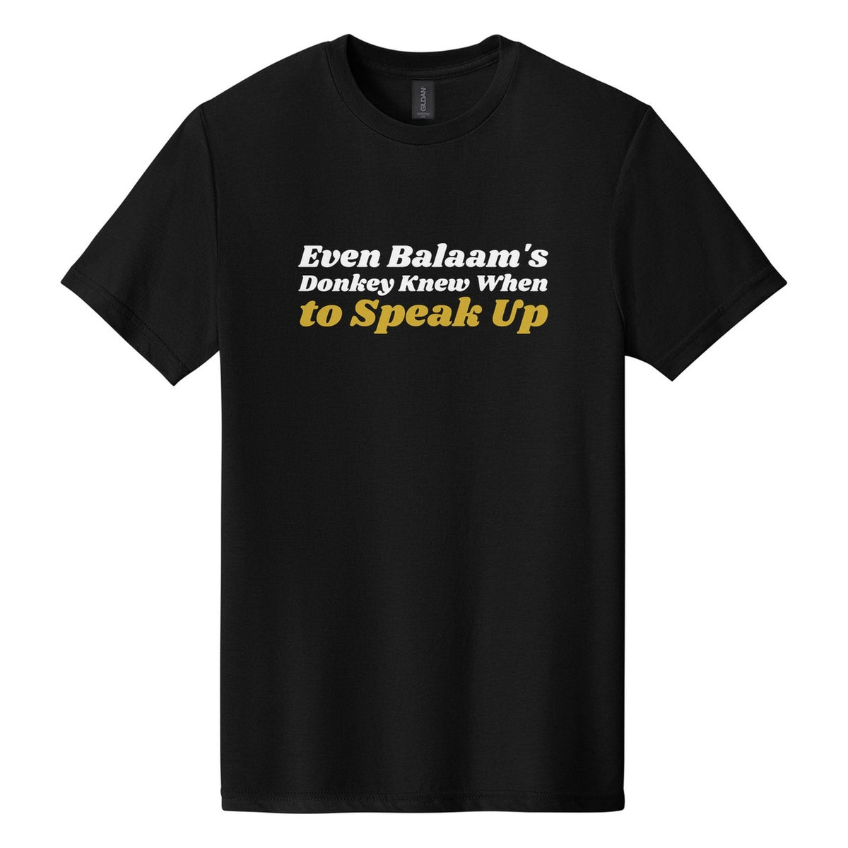 Even Balaam's Donkey Knew When to Speak Up tee in Pitch Black, Shrikhand font, White + Metallic Gold ink