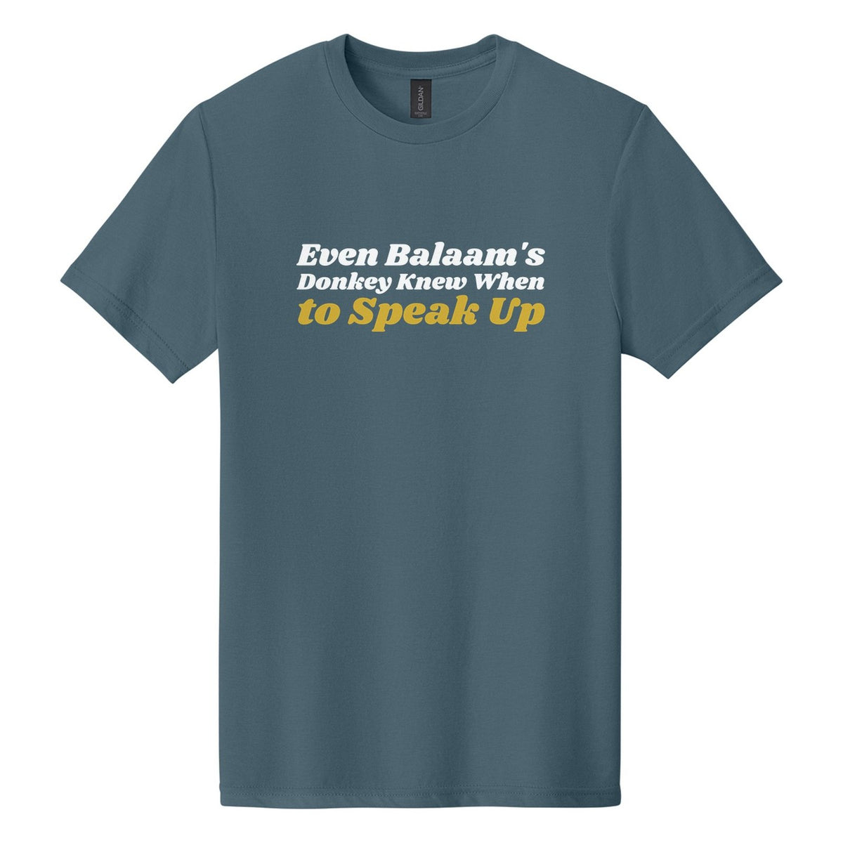 Even Balaam's Donkey Knew When to Speak Up tee in Steel Blue, Shrikhand font, White + Metallic Gold ink
