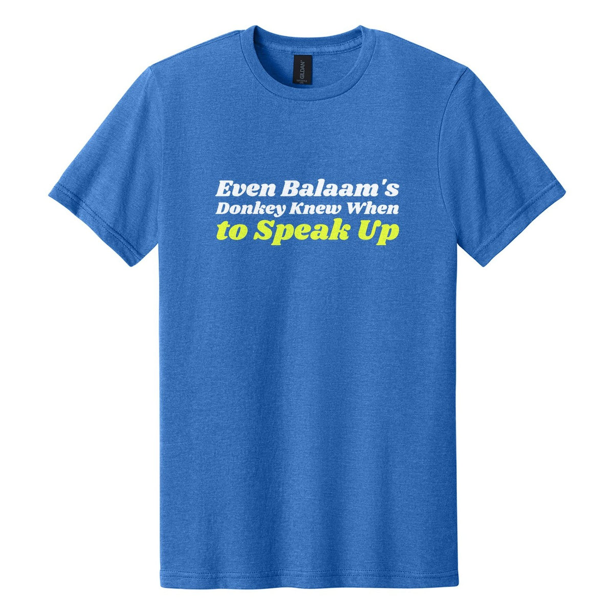 Even Balaam's Donkey Knew When to Speak Up tee in Royal Mist, Shrikhand font, White + Neon Yellow ink