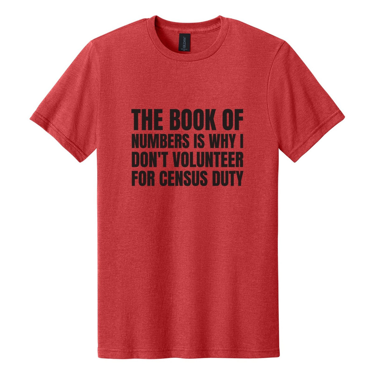 The Book of Numbers Is Why I Don't Volunteer for Census Duty tee in Red Mist, Anton font, Black ink