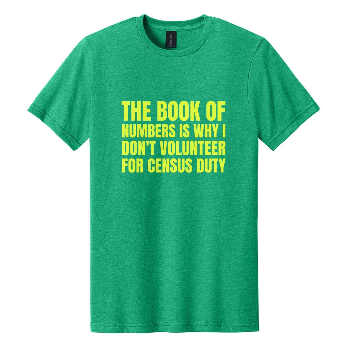 The Book of Numbers Is Why I Don't Volunteer for Census Duty tee in Kelly Mist, Anton font, Neon Yellow ink