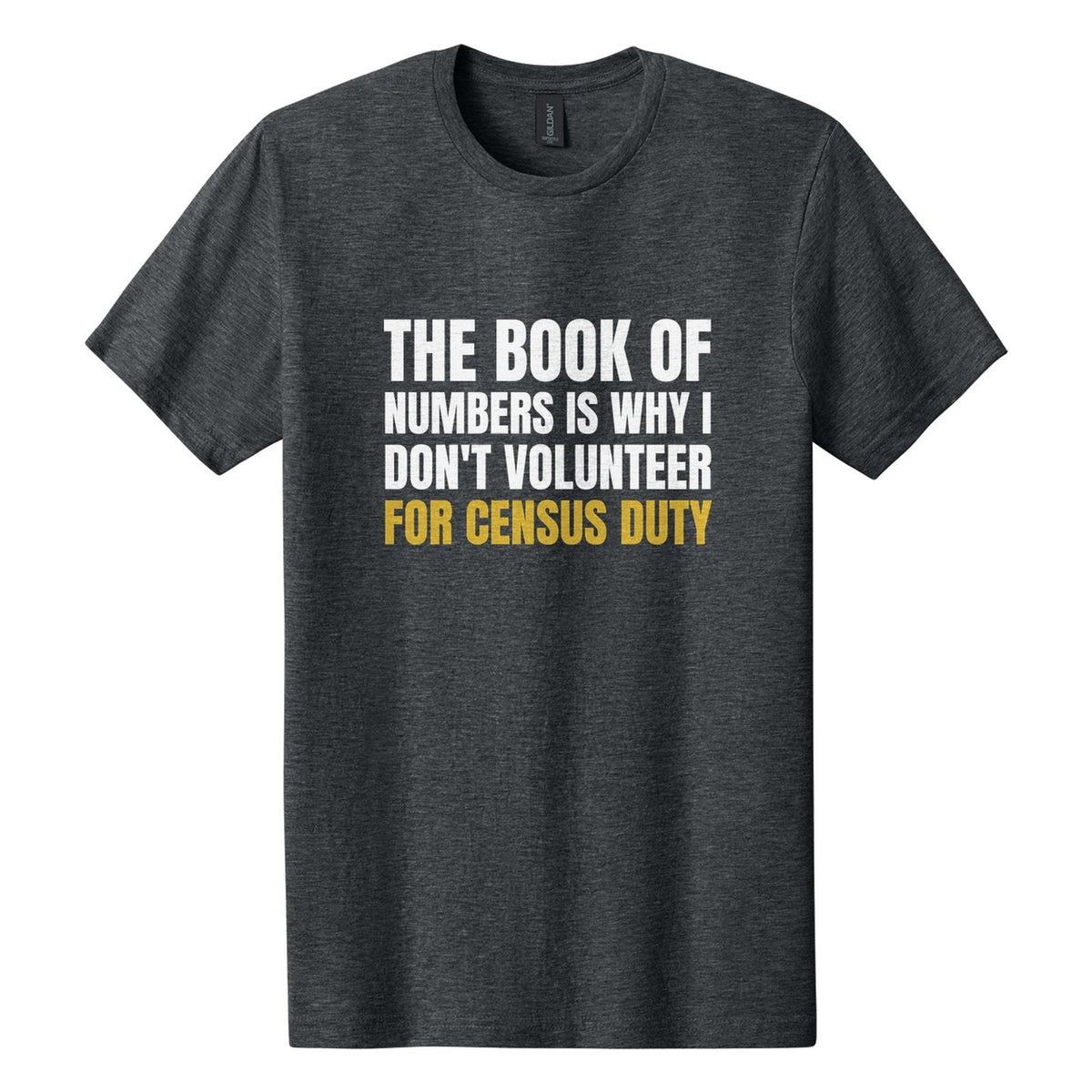The Book of Numbers Is Why I Don't Volunteer for Census Duty tee in Dark Heather, Anton font, White + Metallic Gold ink