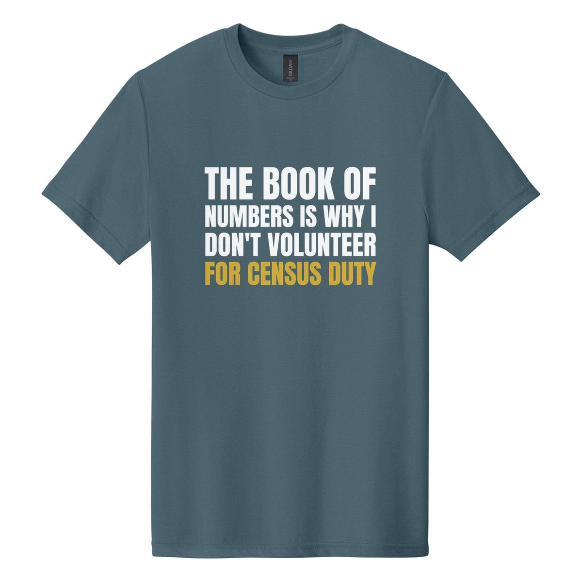 The Book of Numbers Is Why I Don't Volunteer for Census Duty tee in Steel Blue, Anton font, White + Metallic Gold ink