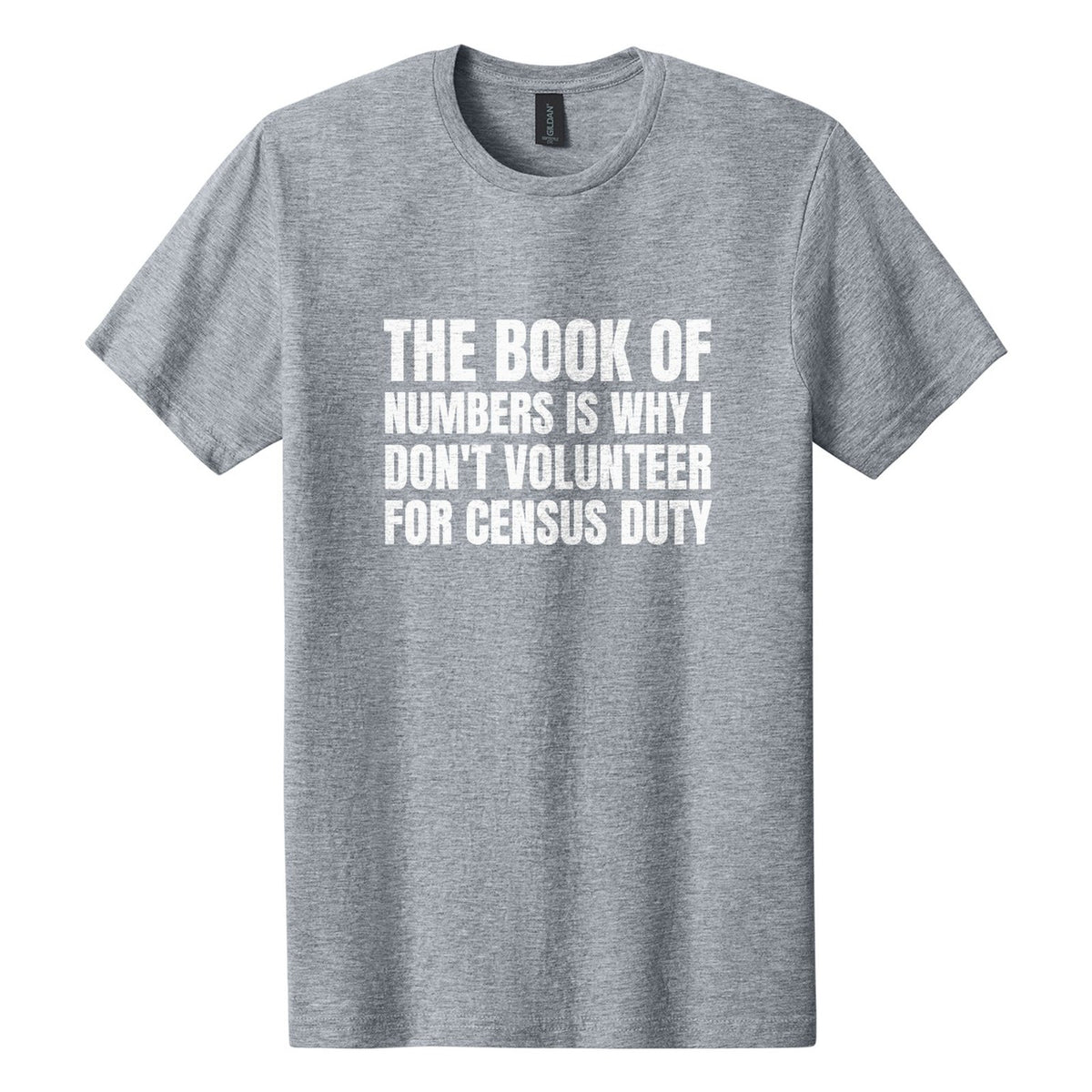 The Book of Numbers Is Why I Don't Volunteer for Census Duty tee in Ring Spun Sport Grey, Anton font, White ink