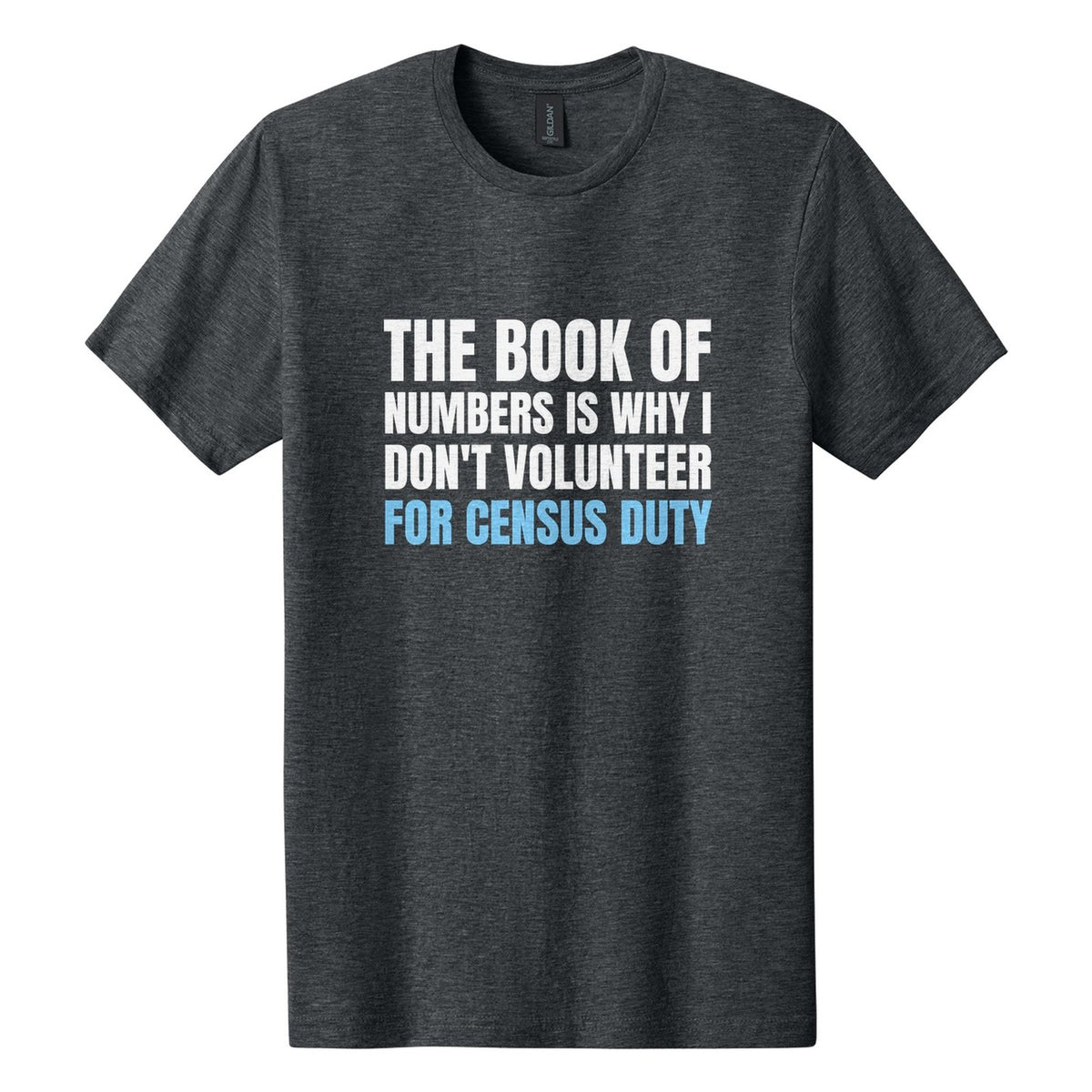 The Book of Numbers Is Why I Don't Volunteer for Census Duty tee in Dark Heather, Anton font, White + Sky Blue ink