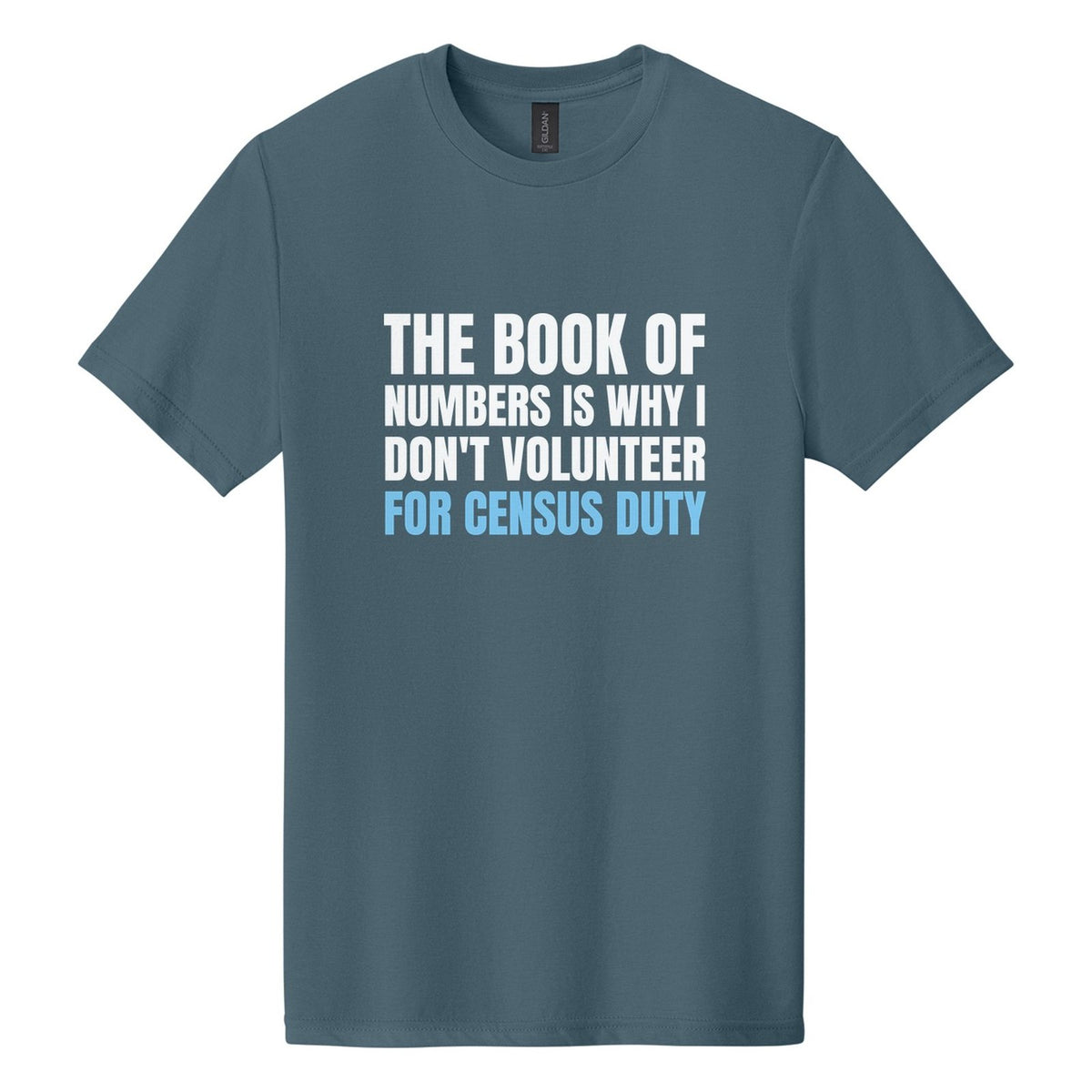 The Book of Numbers Is Why I Don't Volunteer for Census Duty tee in Steel Blue, Anton font, White + Sky Blue ink