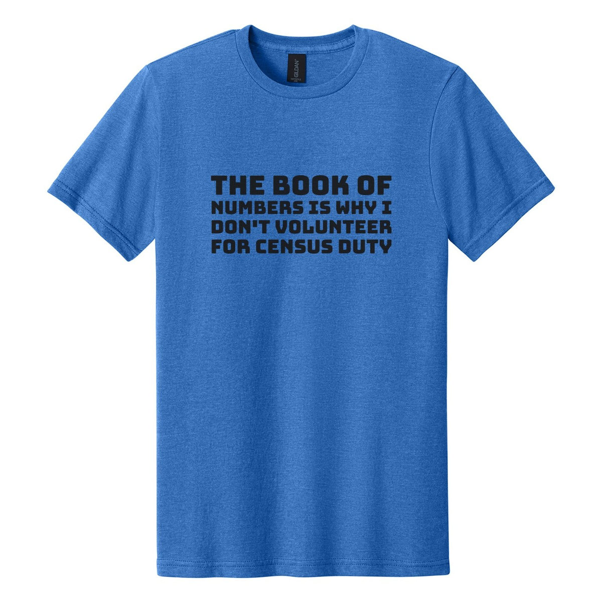 The Book of Numbers Is Why I Don't Volunteer for Census Duty tee in Royal Mist, Bungee font, Black ink