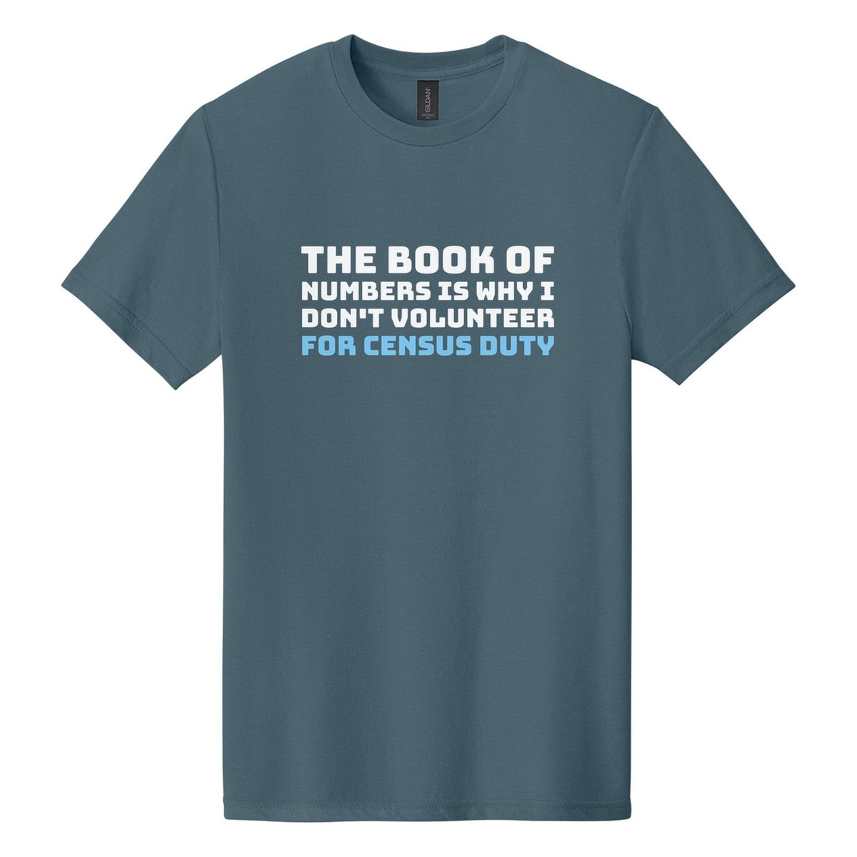 The Book of Numbers Is Why I Don't Volunteer for Census Duty tee in Steel Blue, Bungee font, White + Sky Blue ink
