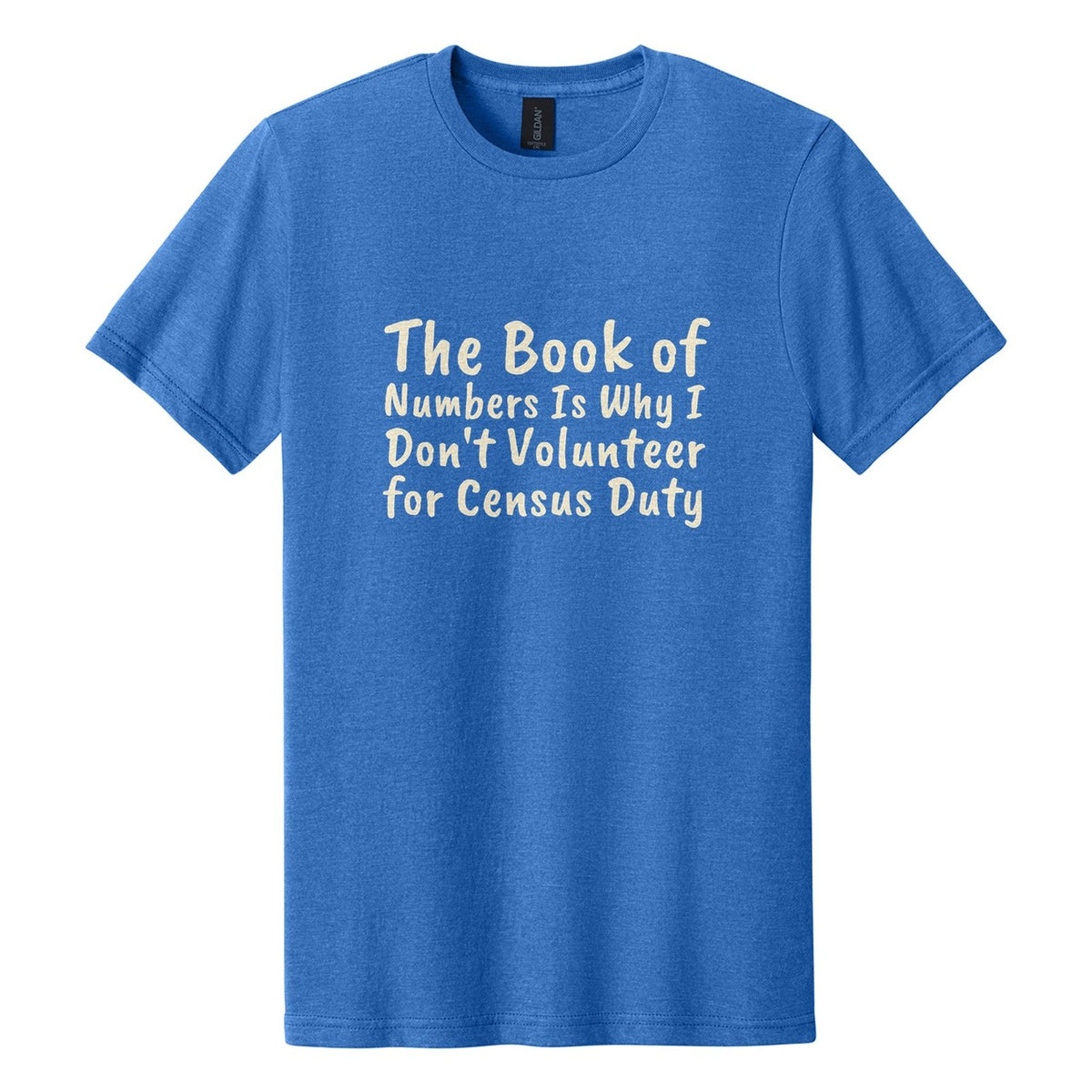The Book of Numbers Is Why I Don't Volunteer for Census Duty tee in Royal Mist, Caveat Brush font, Cream ink