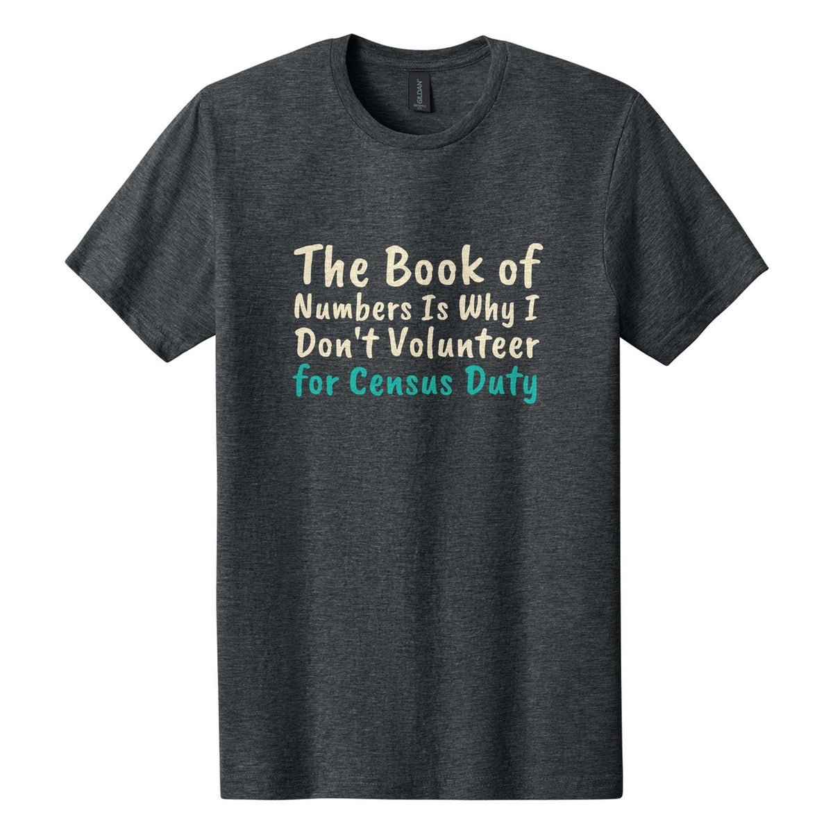 The Book of Numbers Is Why I Don't Volunteer for Census Duty tee in Dark Heather, Caveat Brush font, Cream + Teal ink