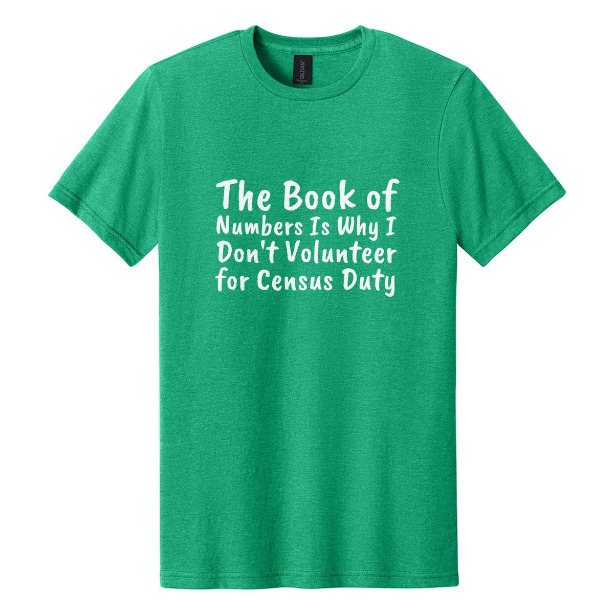 The Book of Numbers Is Why I Don't Volunteer for Census Duty tee in Kelly Mist, Caveat Brush font, White ink