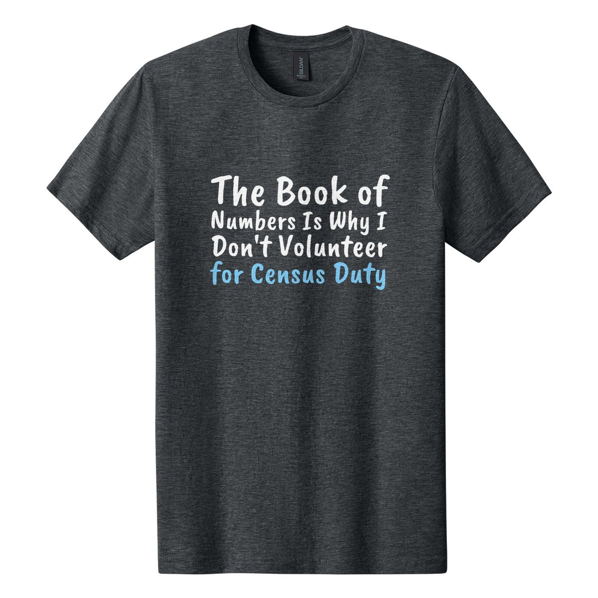 The Book of Numbers Is Why I Don't Volunteer for Census Duty tee in Dark Heather, Caveat Brush font, White + Sky Blue ink