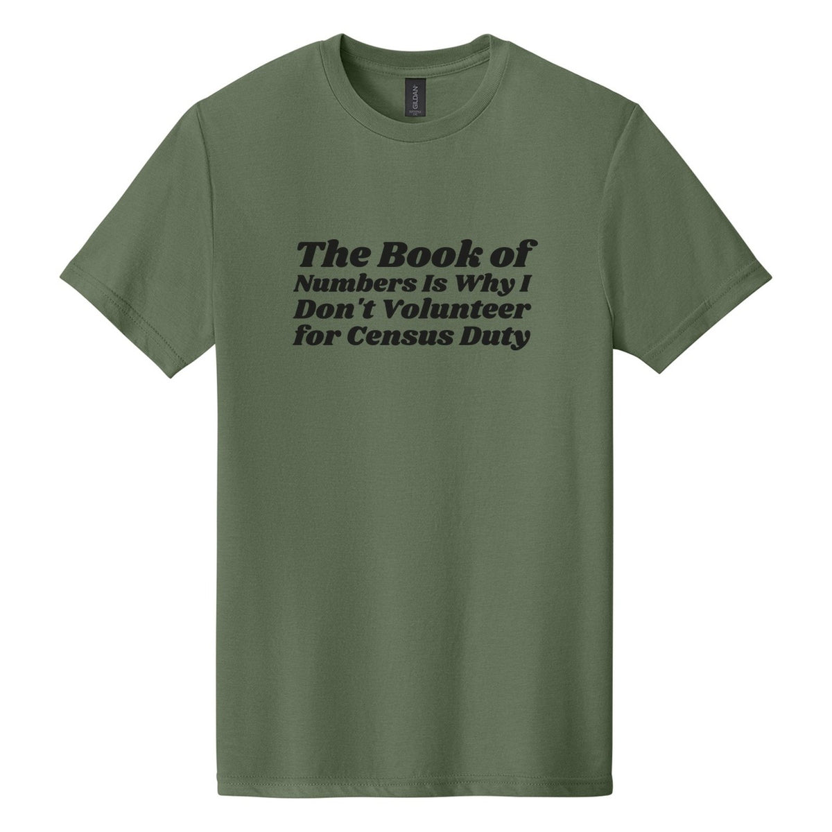The Book of Numbers Is Why I Don't Volunteer for Census Duty tee in Cactus, Shrikhand font, Black ink