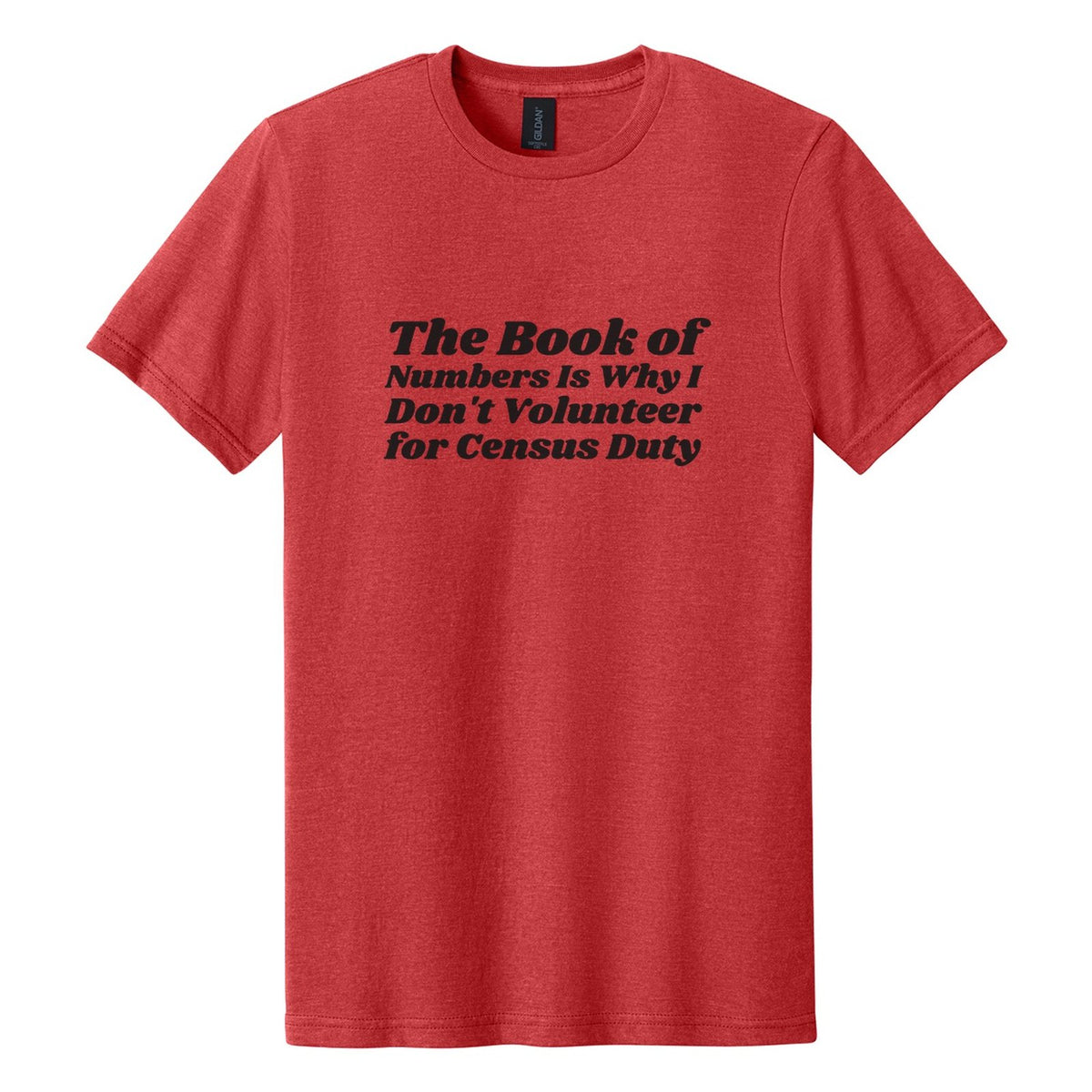 The Book of Numbers Is Why I Don't Volunteer for Census Duty tee in Red Mist, Shrikhand font, Black ink