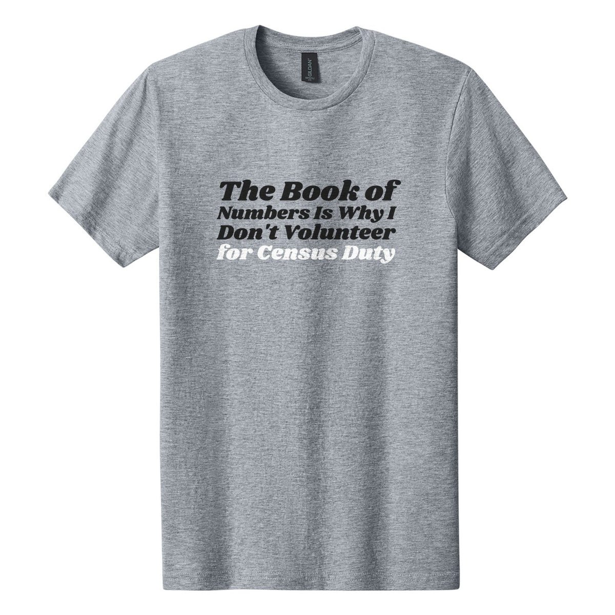 The Book of Numbers Is Why I Don't Volunteer for Census Duty tee in Ring Spun Sport Grey, Shrikhand font, Black + White ink