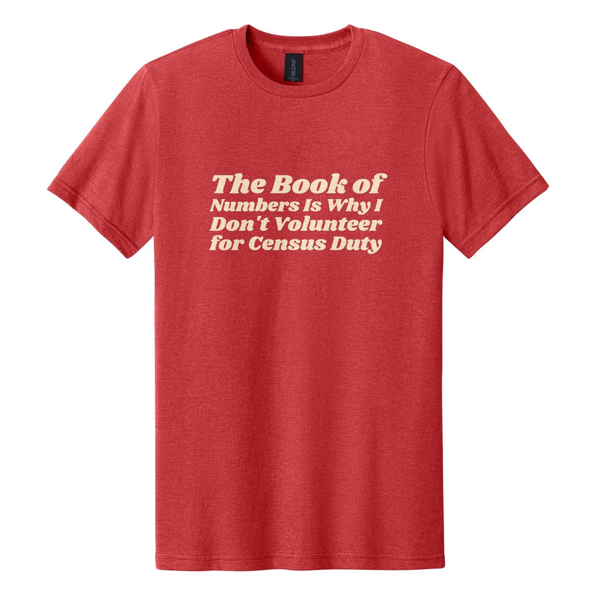 The Book of Numbers Is Why I Don't Volunteer for Census Duty tee in Red Mist, Shrikhand font, Cream ink