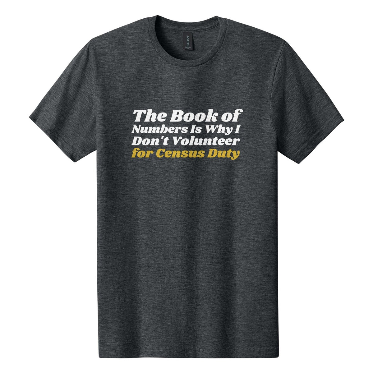 The Book of Numbers Is Why I Don't Volunteer for Census Duty tee in Dark Heather, Shrikhand font, White + Metallic Gold ink
