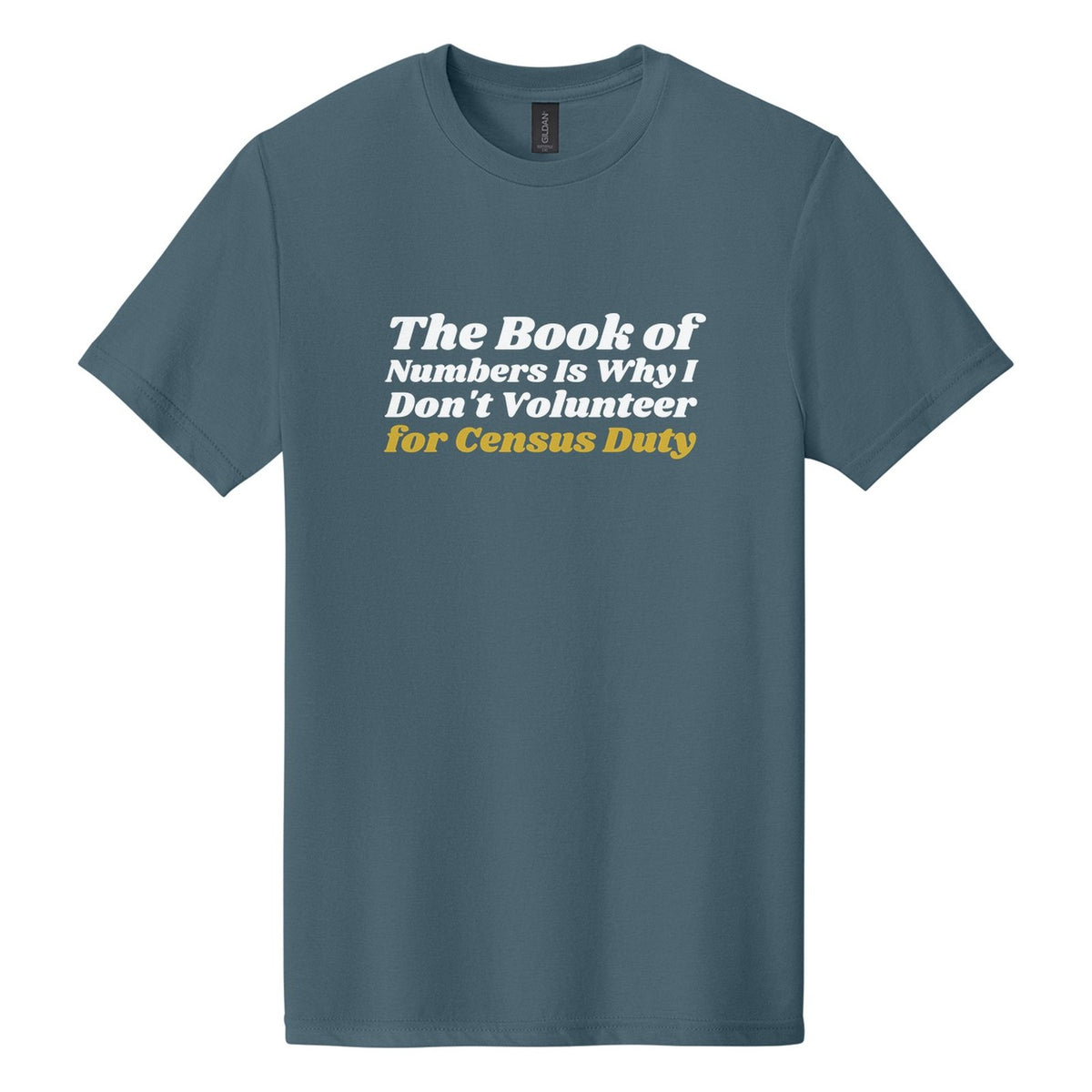 The Book of Numbers Is Why I Don't Volunteer for Census Duty tee in Steel Blue, Shrikhand font, White + Metallic Gold ink
