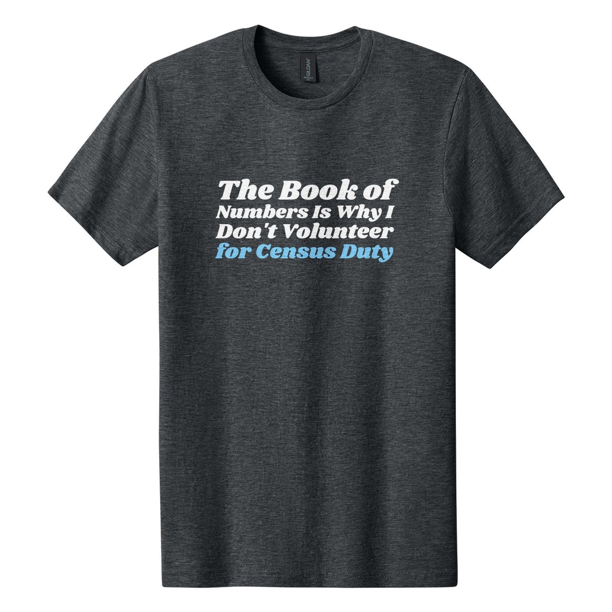 The Book of Numbers Is Why I Don't Volunteer for Census Duty tee in Dark Heather, Shrikhand font, White + Sky Blue ink
