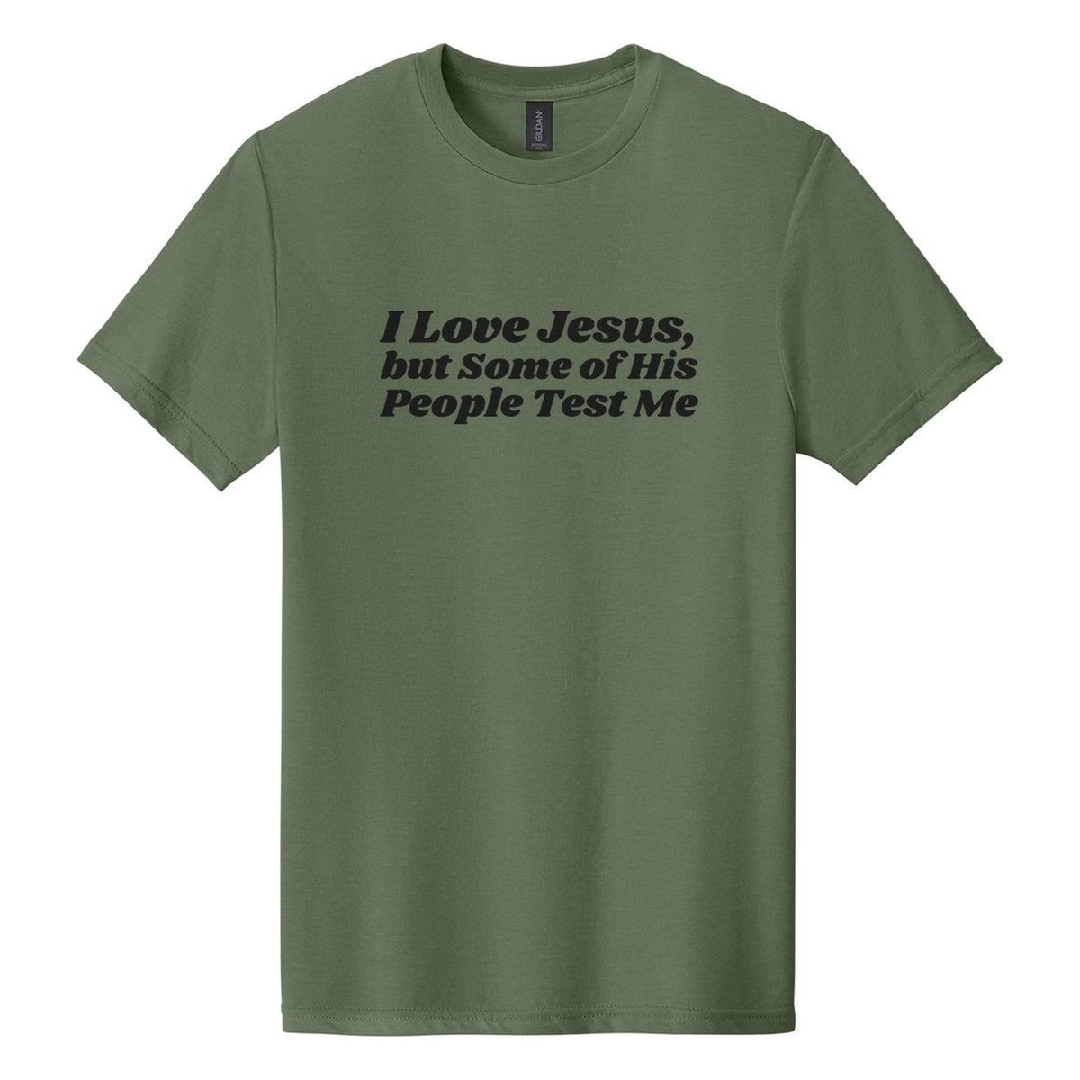 I Love Jesus, but Some of His People Test Me tee in Cactus, Shrikhand font, Black ink