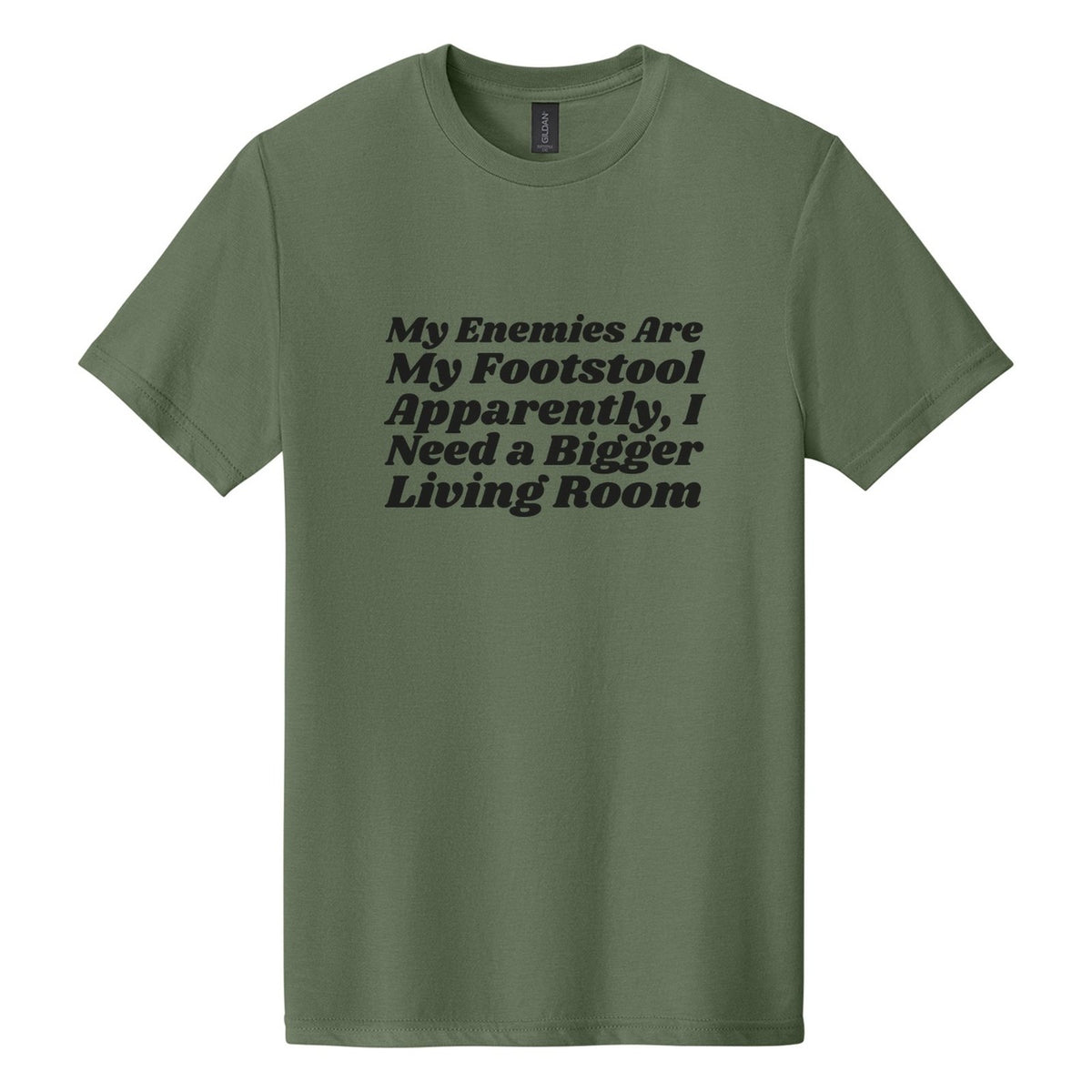 My Enemies Are My Footstool. Apparently, I Need a Bigger Living Room tee in Cactus, Shrikhand font, Black ink
