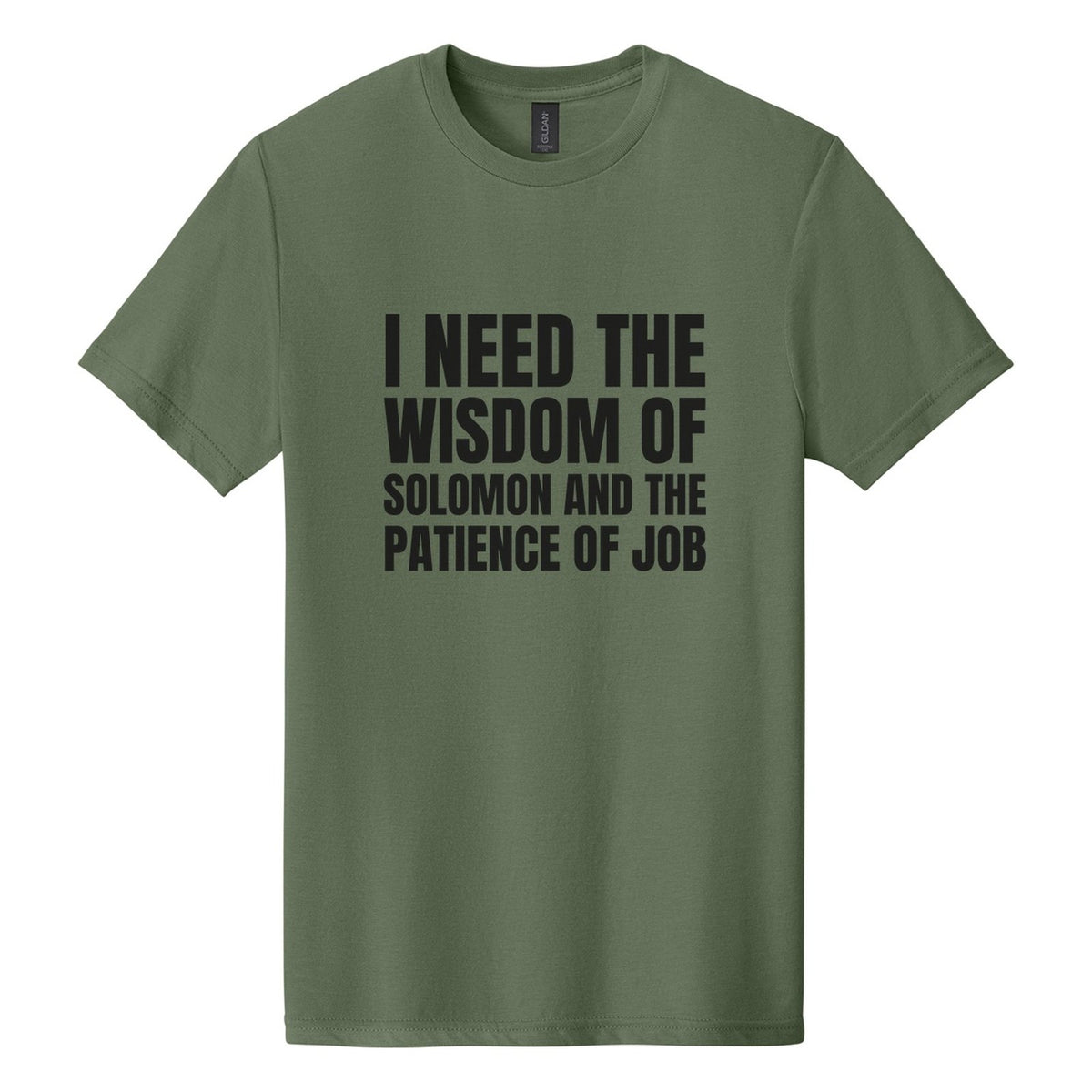 I Need the Wisdom of Solomon and the Patience of Job tee in Cactus, Anton font, Black ink