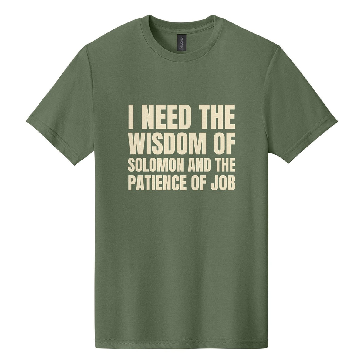 I Need the Wisdom of Solomon and the Patience of Job tee in Cactus, Anton font, Cream ink