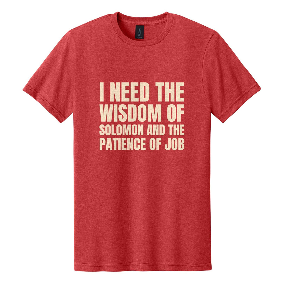 I Need the Wisdom of Solomon and the Patience of Job tee in Red Mist, Anton font, Cream ink