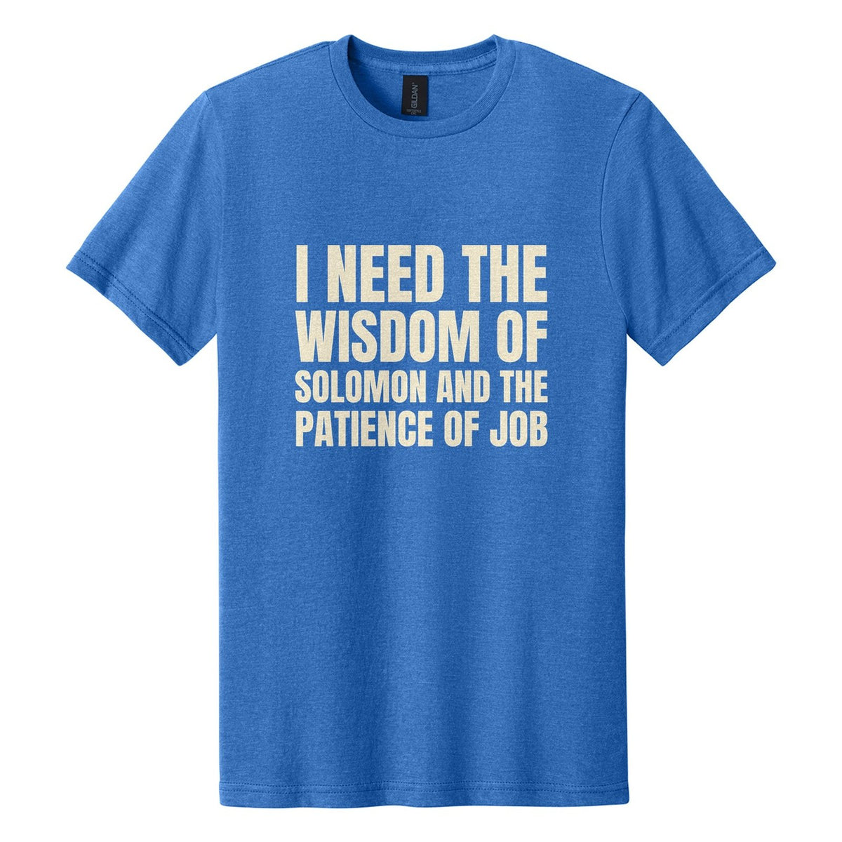 I Need the Wisdom of Solomon and the Patience of Job tee in Royal Mist, Anton font, Cream ink