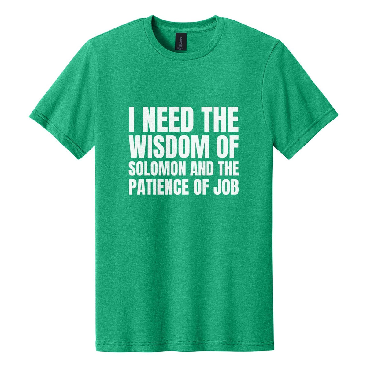 I Need the Wisdom of Solomon and the Patience of Job tee in Kelly Mist, Anton font, White ink