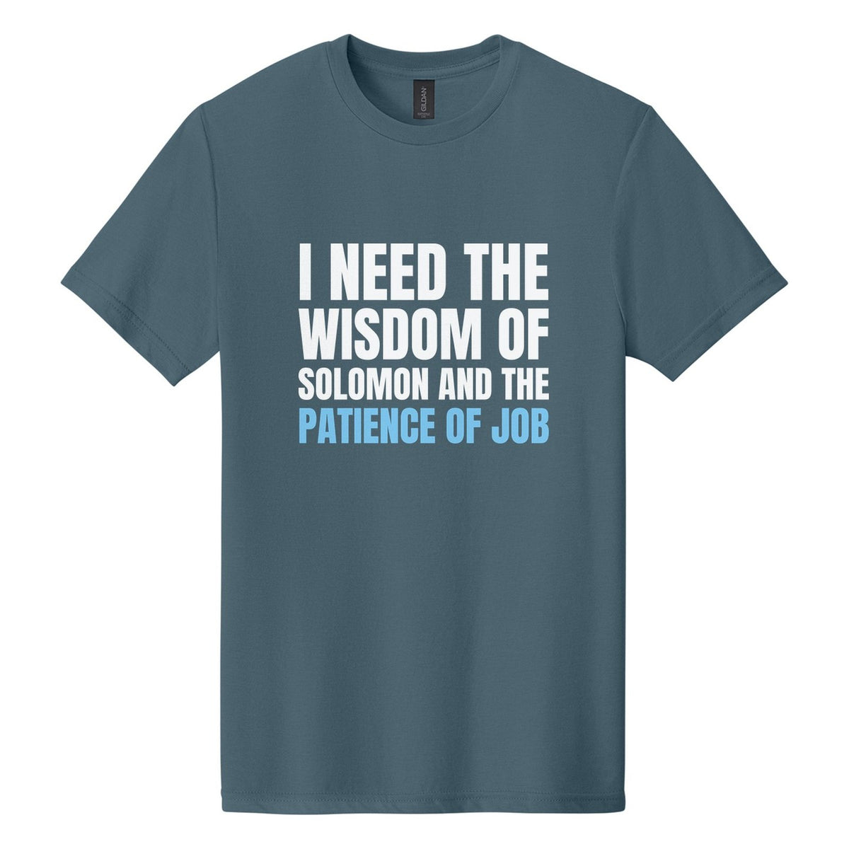 I Need the Wisdom of Solomon and the Patience of Job tee in Steel Blue, Anton font, White + Sky Blue ink