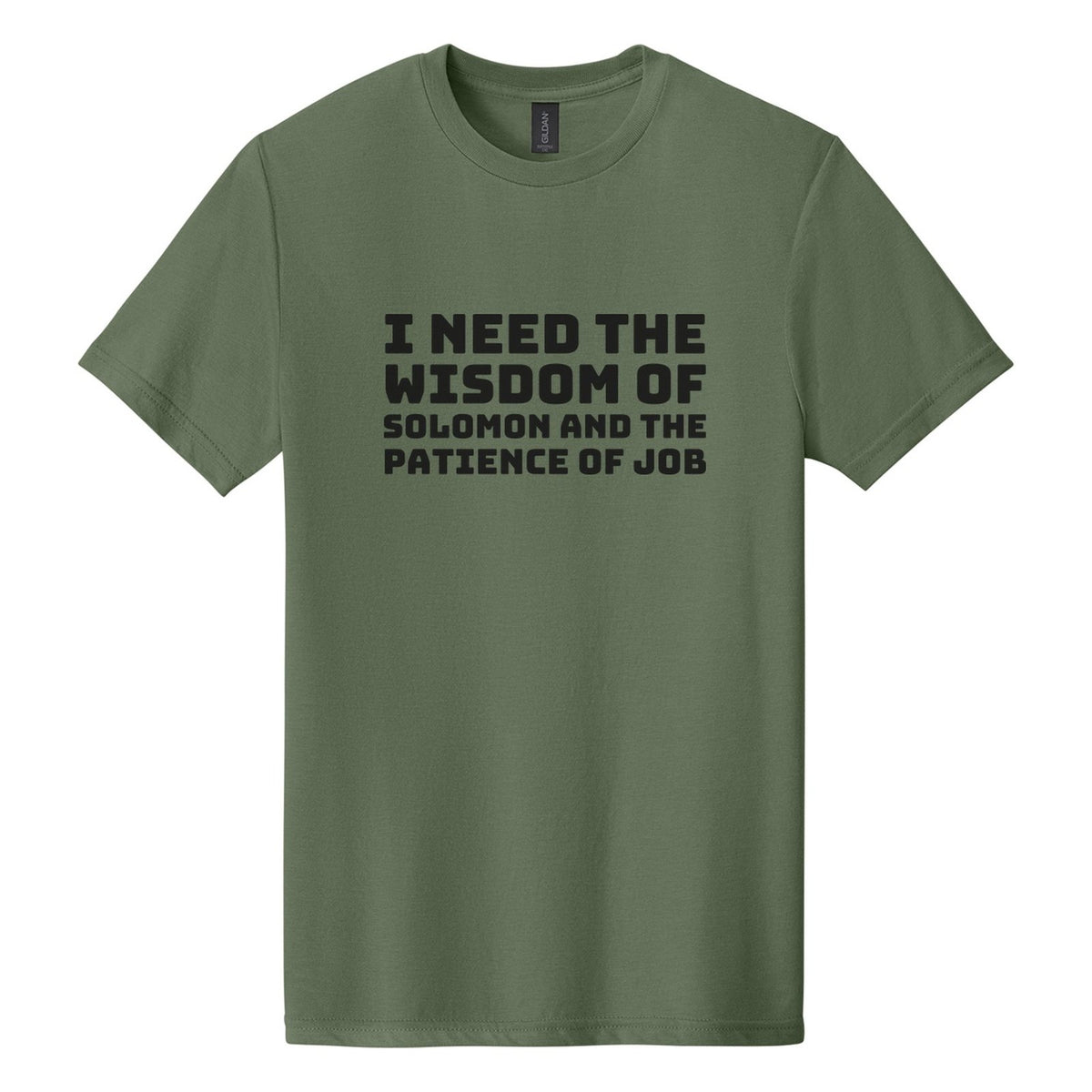 I Need the Wisdom of Solomon and the Patience of Job tee in Cactus, Bungee font, Black ink