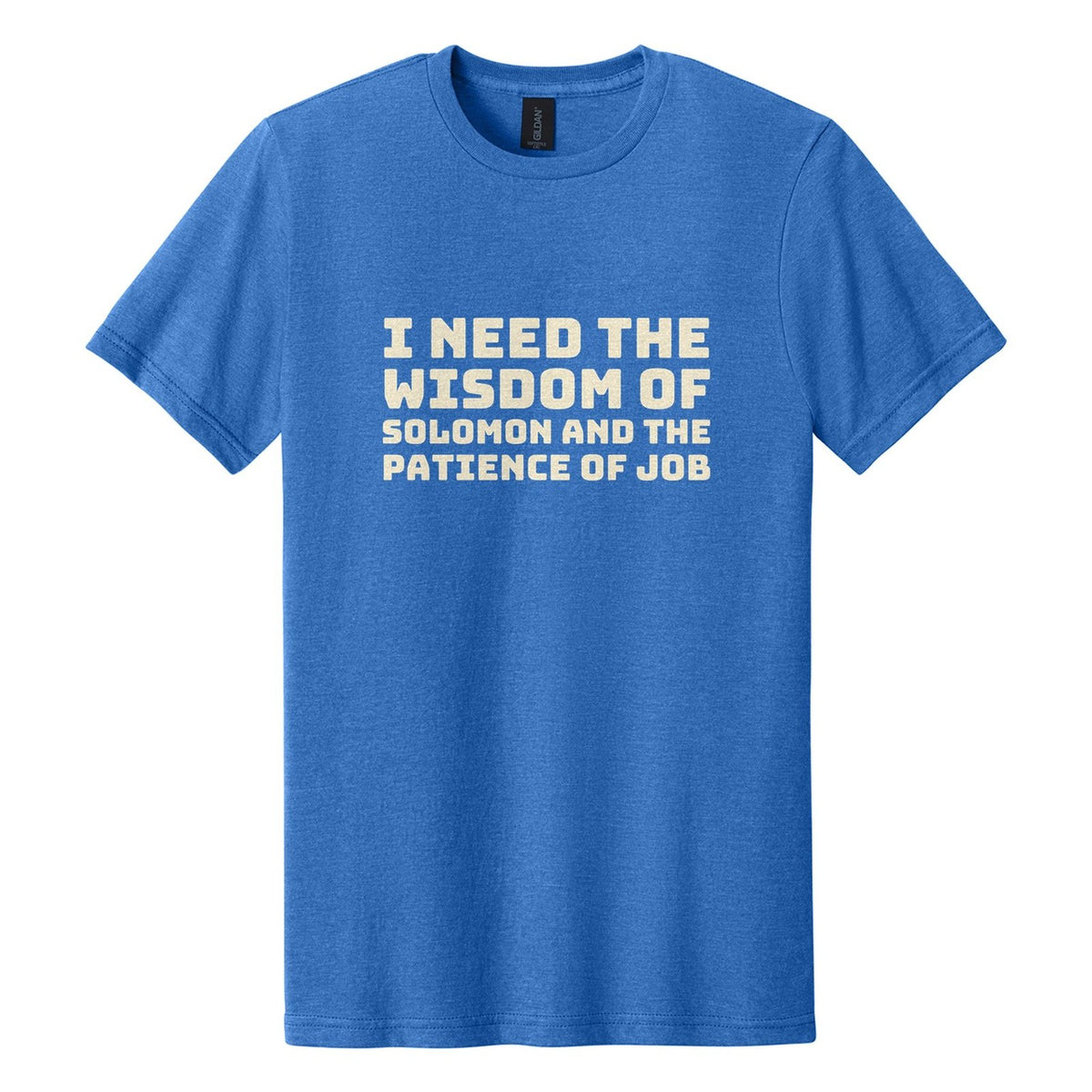 I Need the Wisdom of Solomon and the Patience of Job tee in Royal Mist, Bungee font, Cream ink