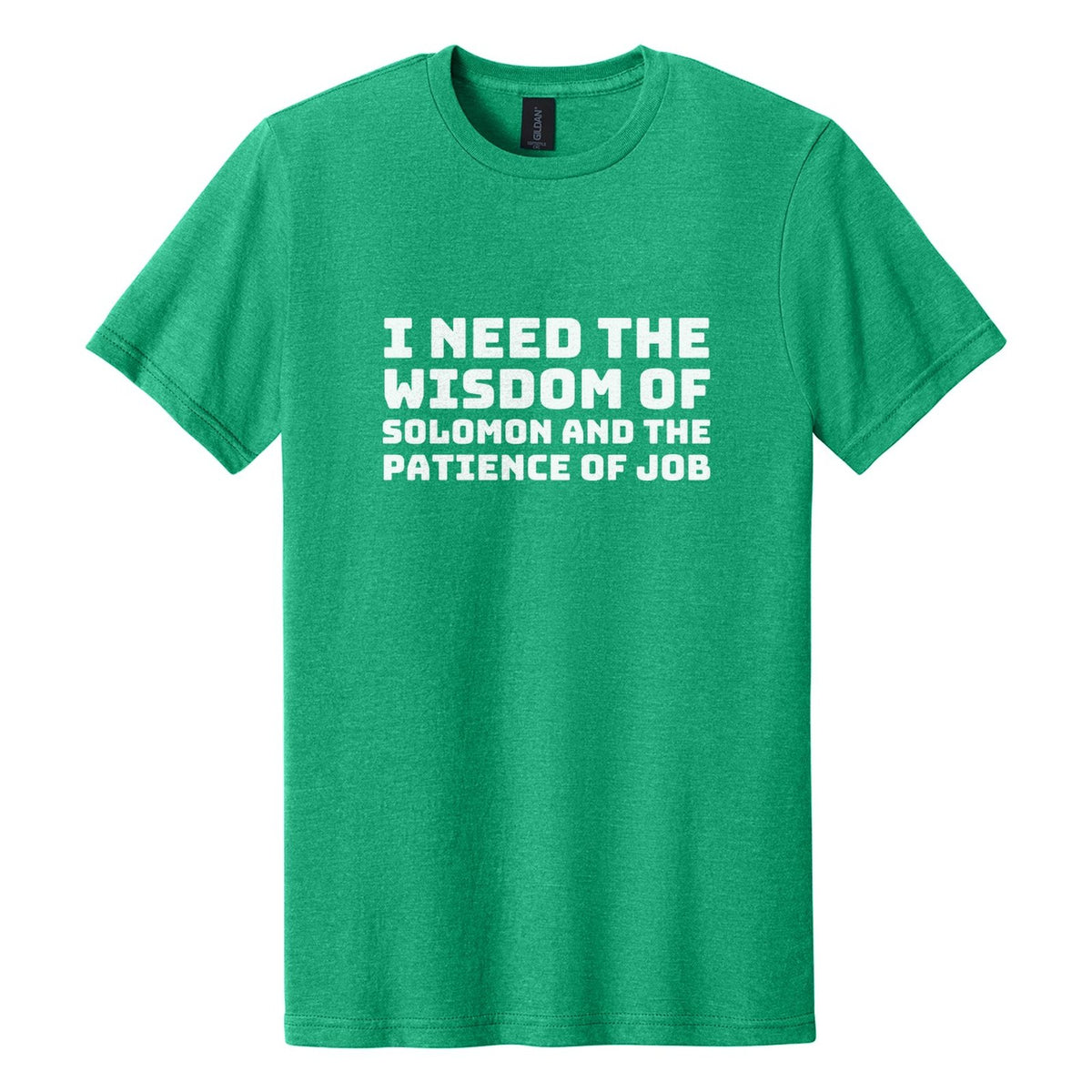 I Need the Wisdom of Solomon and the Patience of Job tee in Kelly Mist, Bungee font, White ink