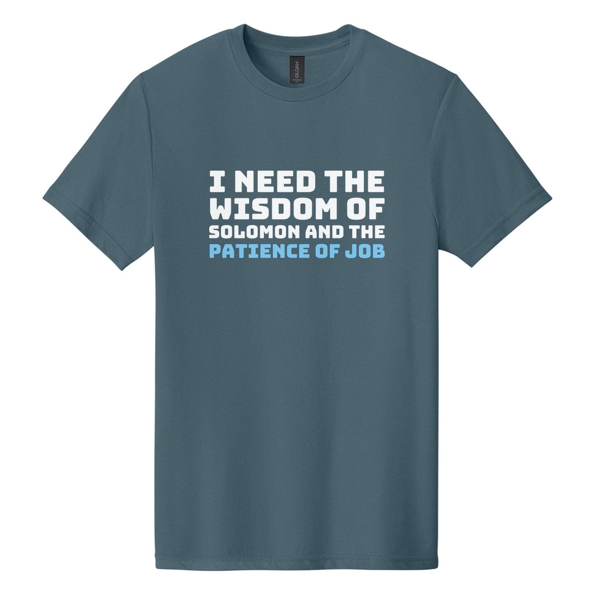I Need the Wisdom of Solomon and the Patience of Job tee in Steel Blue, Bungee font, White + Sky Blue ink