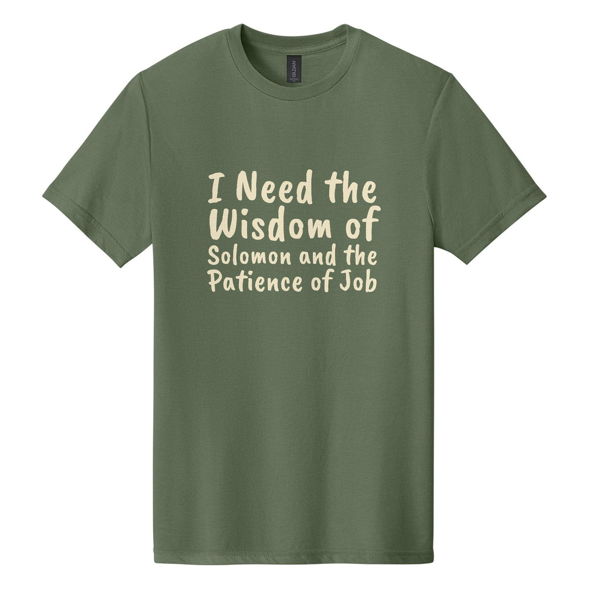 I Need the Wisdom of Solomon and the Patience of Job tee in Cactus, Caveat Brush font, Cream ink