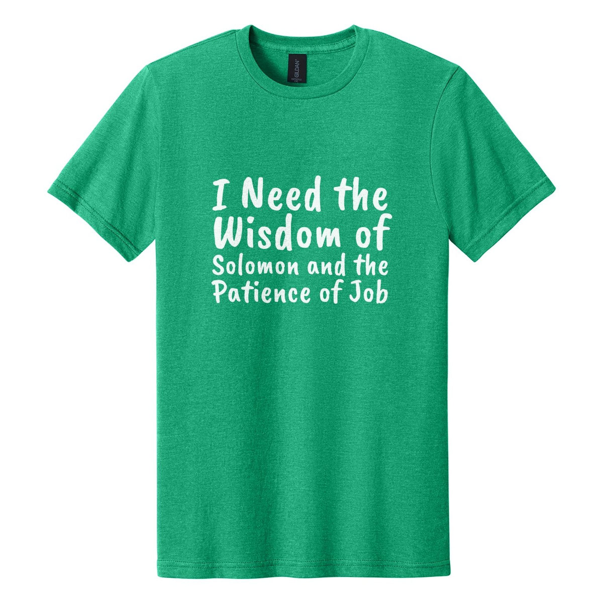 I Need the Wisdom of Solomon and the Patience of Job tee in Kelly Mist, Caveat Brush font, White ink