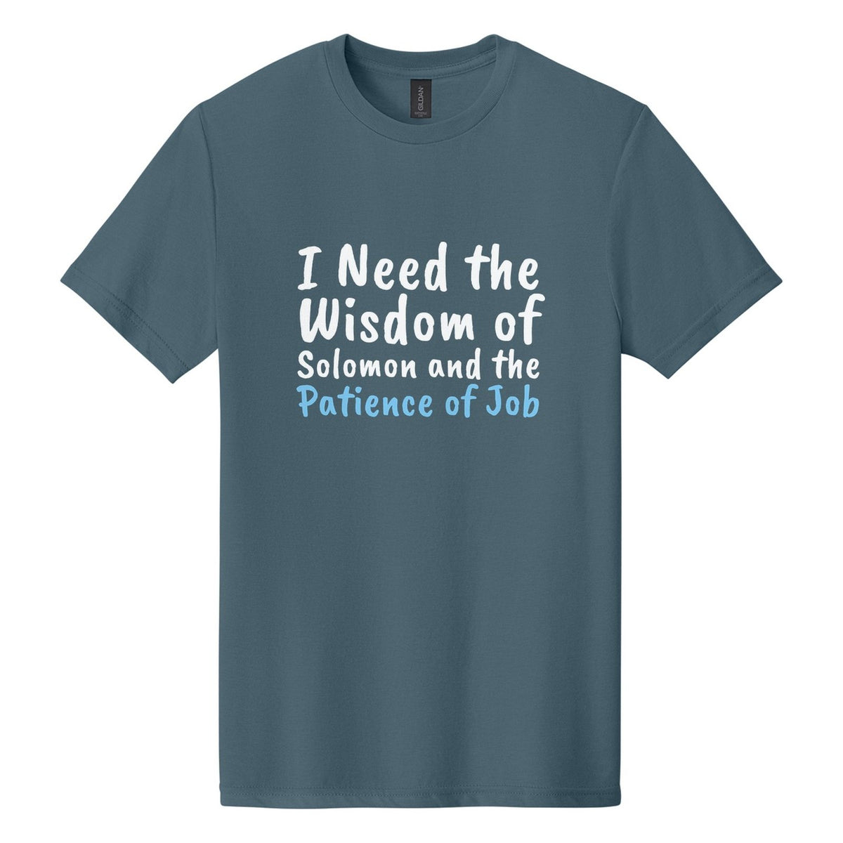 I Need the Wisdom of Solomon and the Patience of Job tee in Steel Blue, Caveat Brush font, White + Sky Blue ink