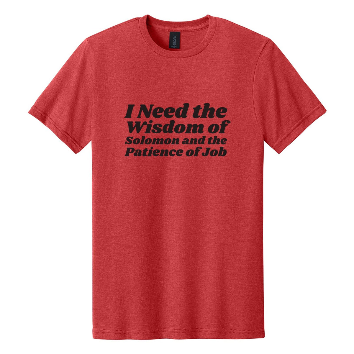 I Need the Wisdom of Solomon and the Patience of Job tee in Red Mist, Shrikhand font, Black ink
