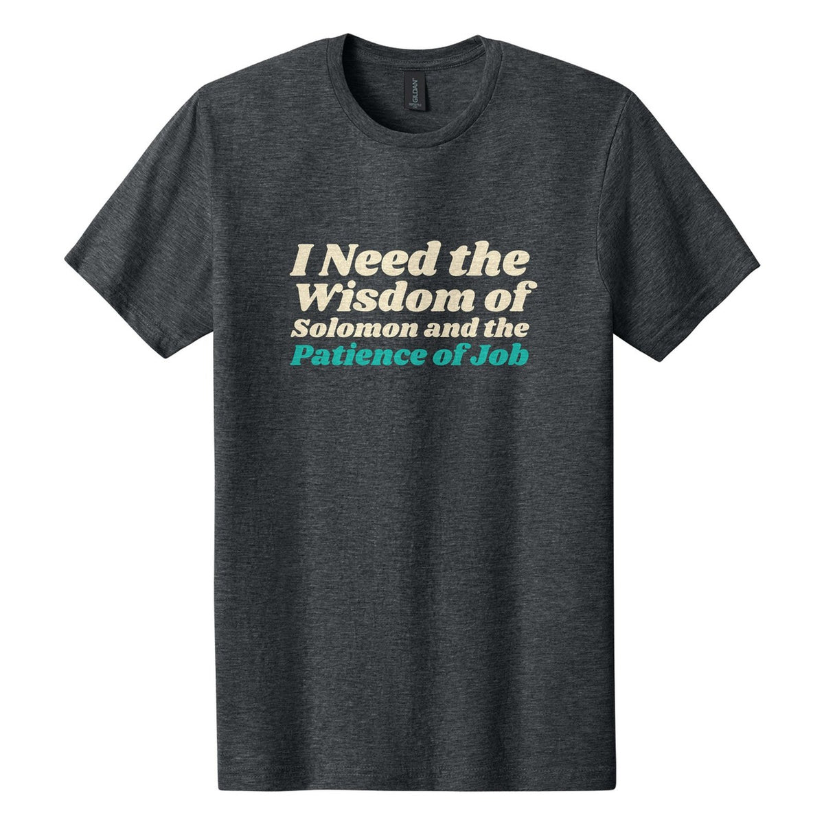 I Need the Wisdom of Solomon and the Patience of Job tee in Dark Heather, Shrikhand font, Cream + Teal ink